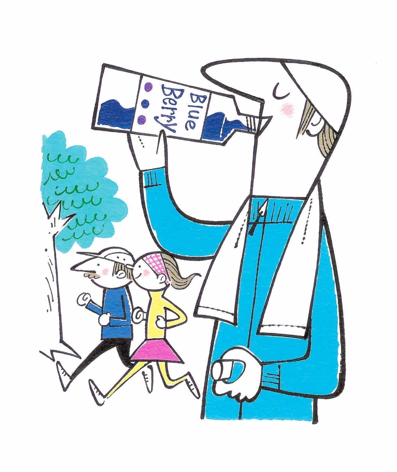 Illustration of two people holding a large bottle of blueberry juice with berries and foliage.