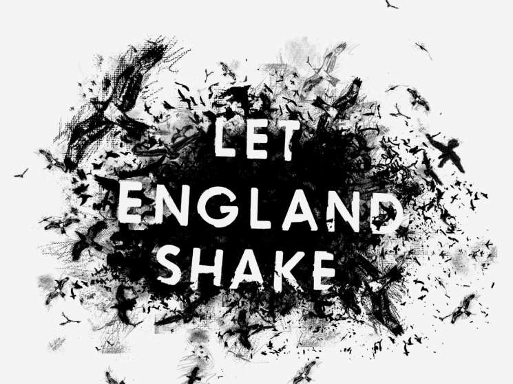 PJ Harvey's Let England Shake album cover with white text on abstract black and white splatter design.