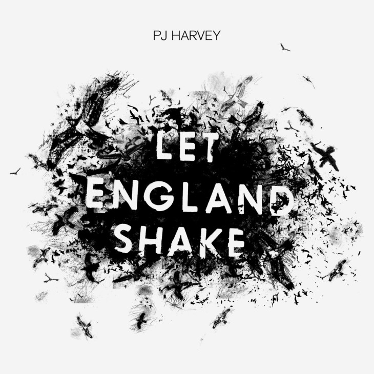 PJ Harvey's Let England Shake album cover with white text on abstract black and white splatter design.