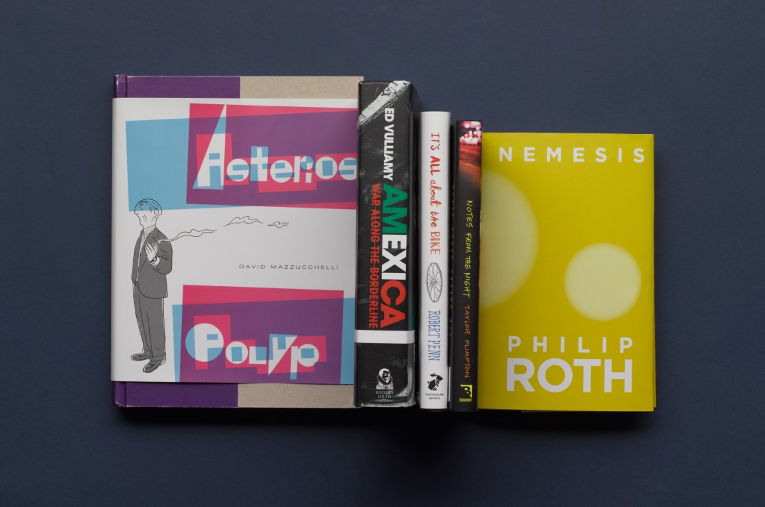 Collection of five book covers including David Mazzucchelli's Asterios Polyp graphic novel, Ed Vulliamy's Amexica, Robert Penn's It's All About the Bike, Taylor Plimpton's Notes from the Night, and Philip Roth's Nemesis.