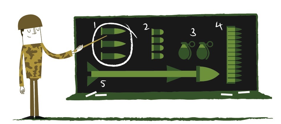 Illustration of a soldier next to a diagram showing military weapons and ammunition.