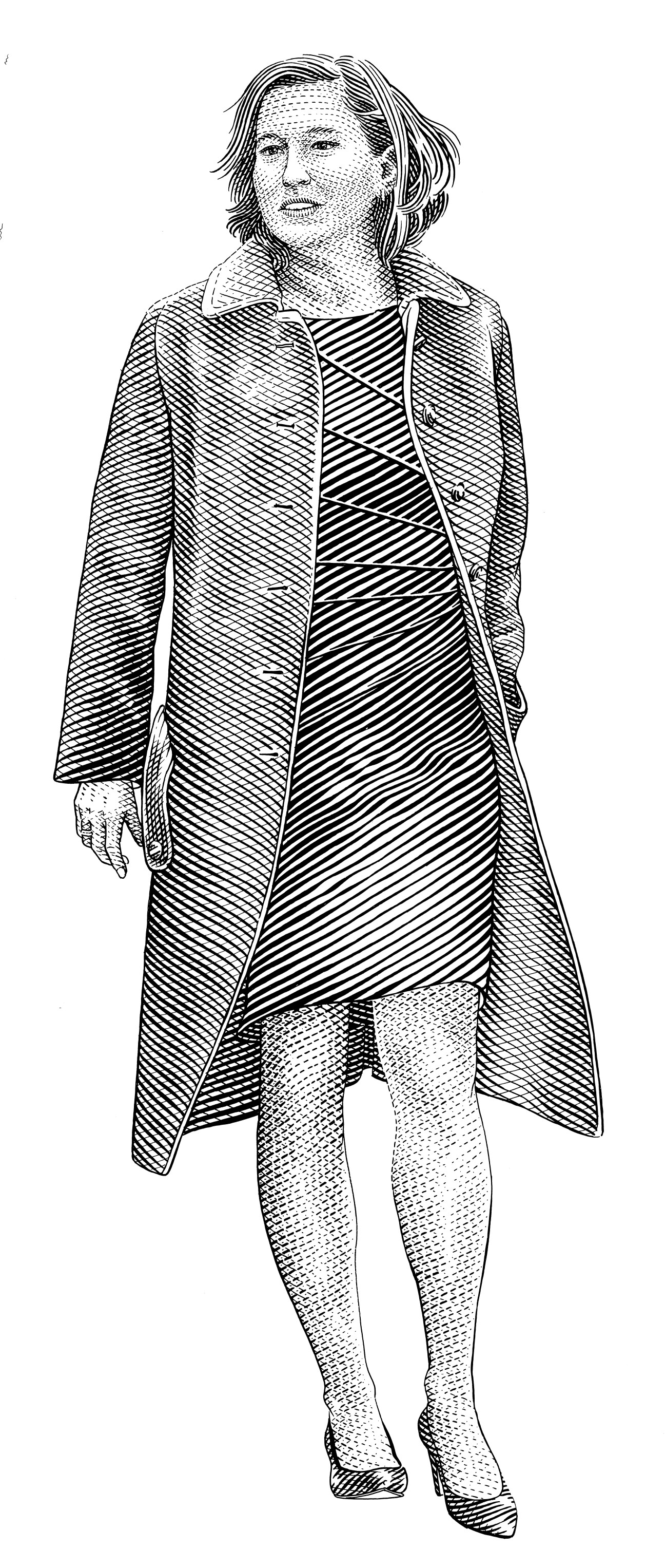 Pen and ink illustration of Tzipi Livni wearing a striped dress and long cardigan.