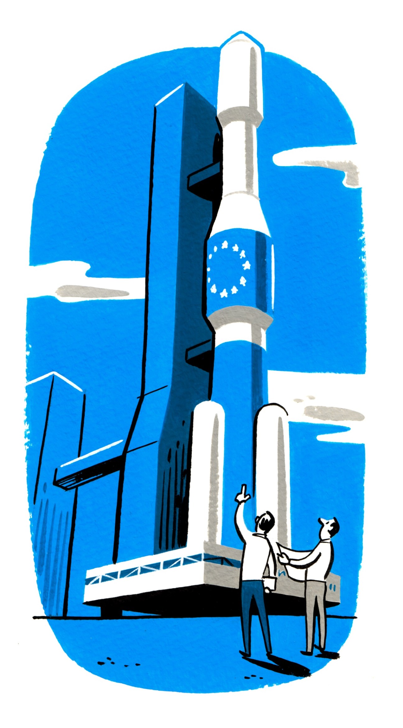 Illustration of a futuristic space research centre with rocket and EU flag, depicting Europe's proposed new space exploration headquarters.