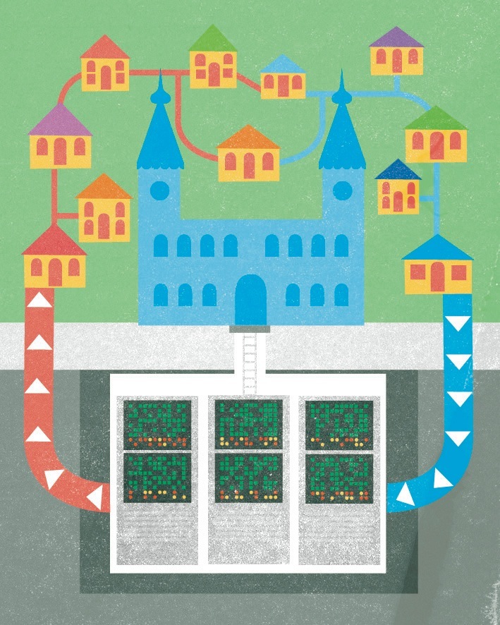 Illustration of a blue castle with yellow houses connected by red and blue pipes underground, showing geothermal heating system.