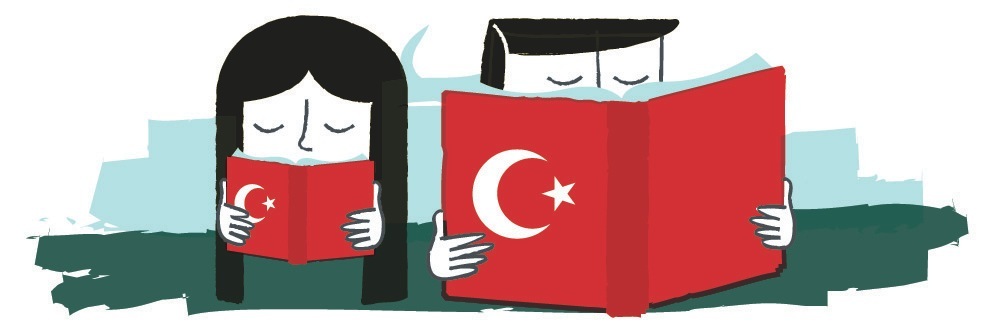 Illustration of a woman and man reading red books with Turkish crescent and star symbols.