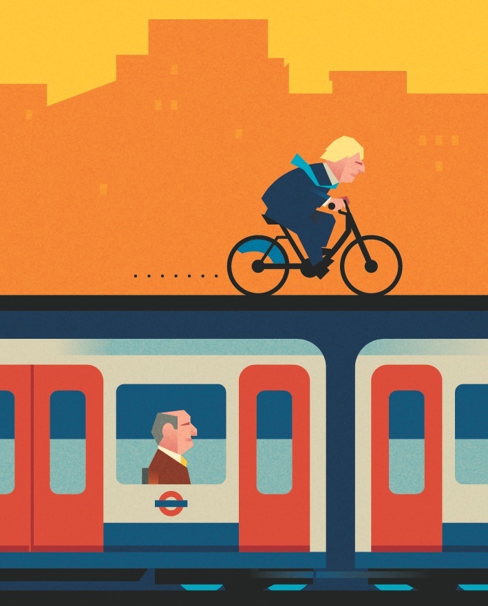 Illustration of a cyclist on a bridge above a London Underground train with orange buildings in the background.