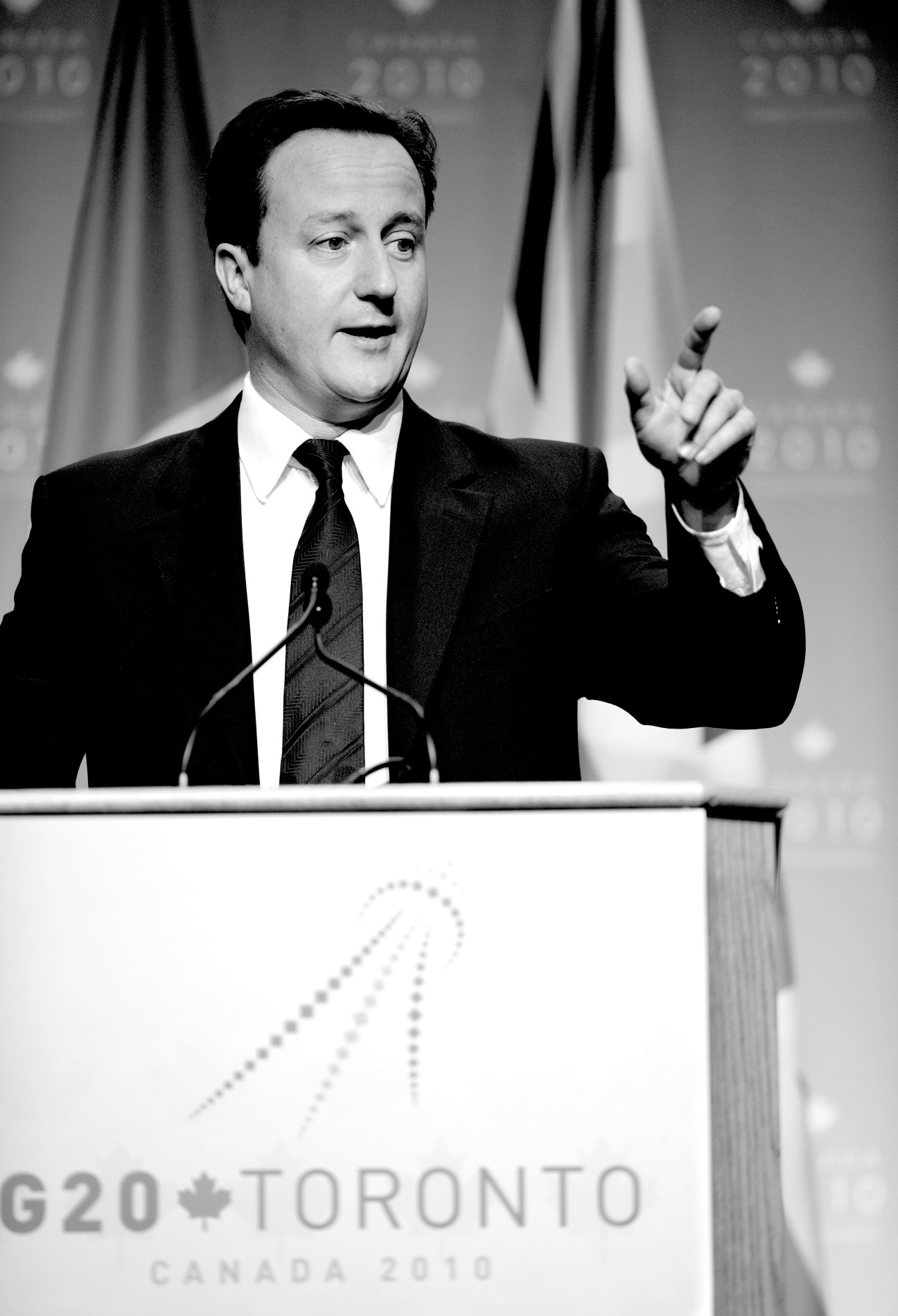David Cameron speaking at a podium during the G20 Toronto summit in 2010.