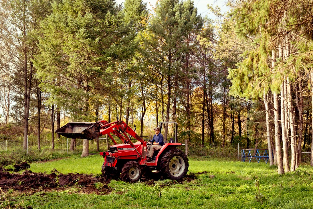 A farmer operates a red tractor with front loader in a grassy field surrounded by tall trees.