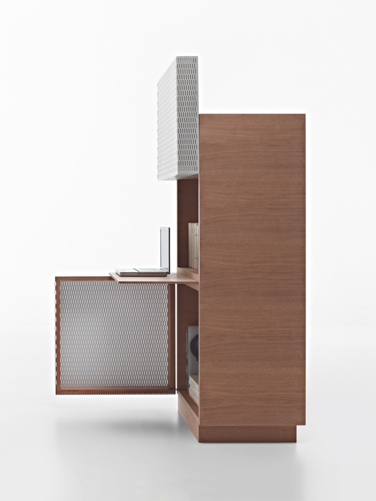 Net-Box storage range by Patricia Urquiola for Molteni & C featuring laser-cut metal panels with geometric mesh patterns in white and wood tones.