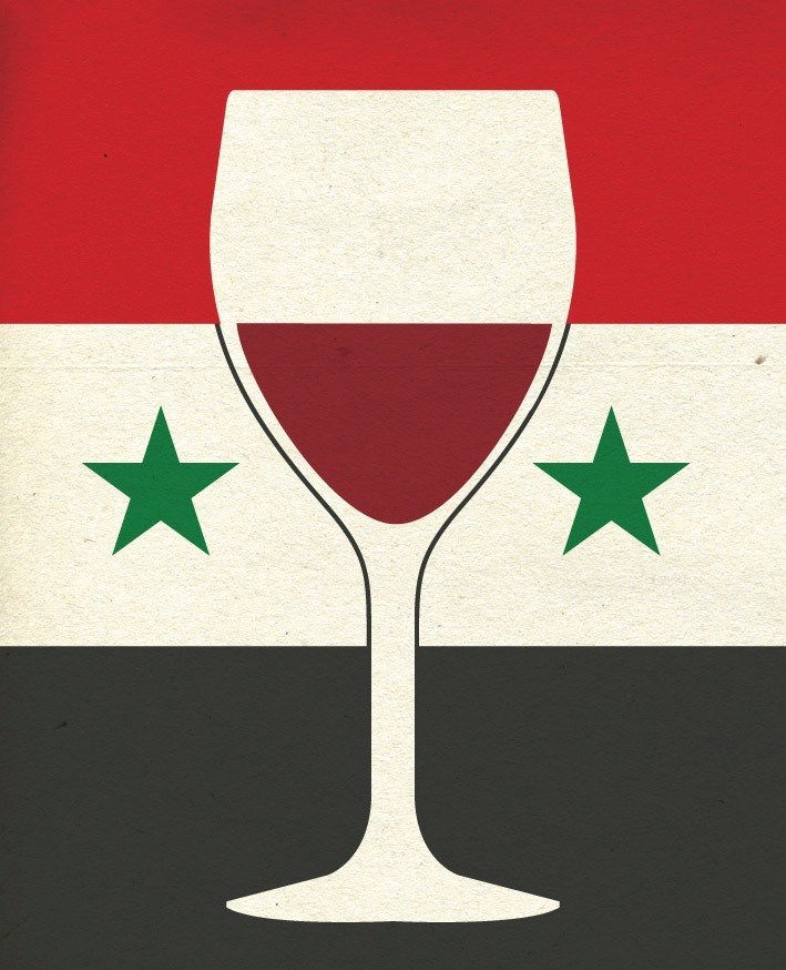 Stylized wine glass incorporating the Syrian flag design with red, white, and black bands and green stars.