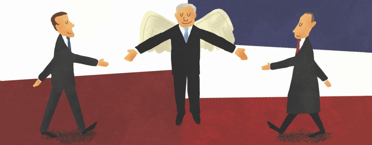 Illustration of an angel figure with outstretched arms between two businessmen against a Polish flag background.