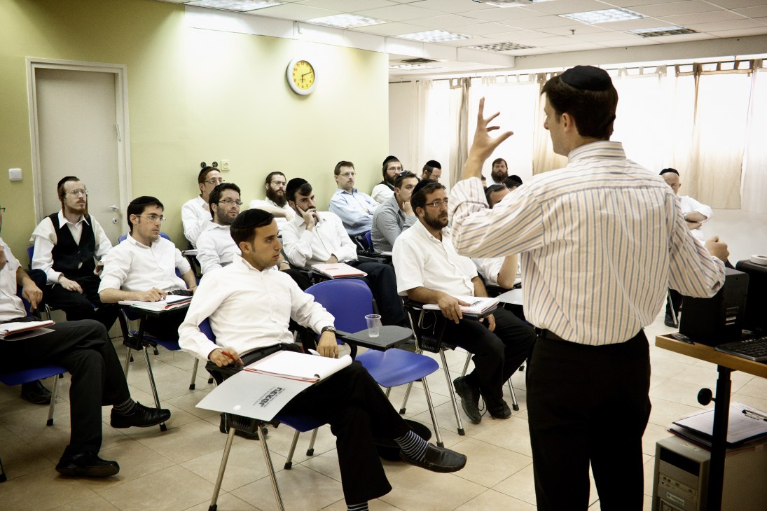 Orthodox Jewish men attend an advertising class at the Haredi Advertising Academy in Bnei Brak.
