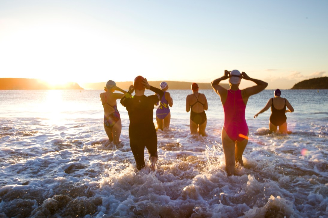 Multiple swimmers in wetsuits wade into the ocean at Bondi Beach during sunrise or sunset.