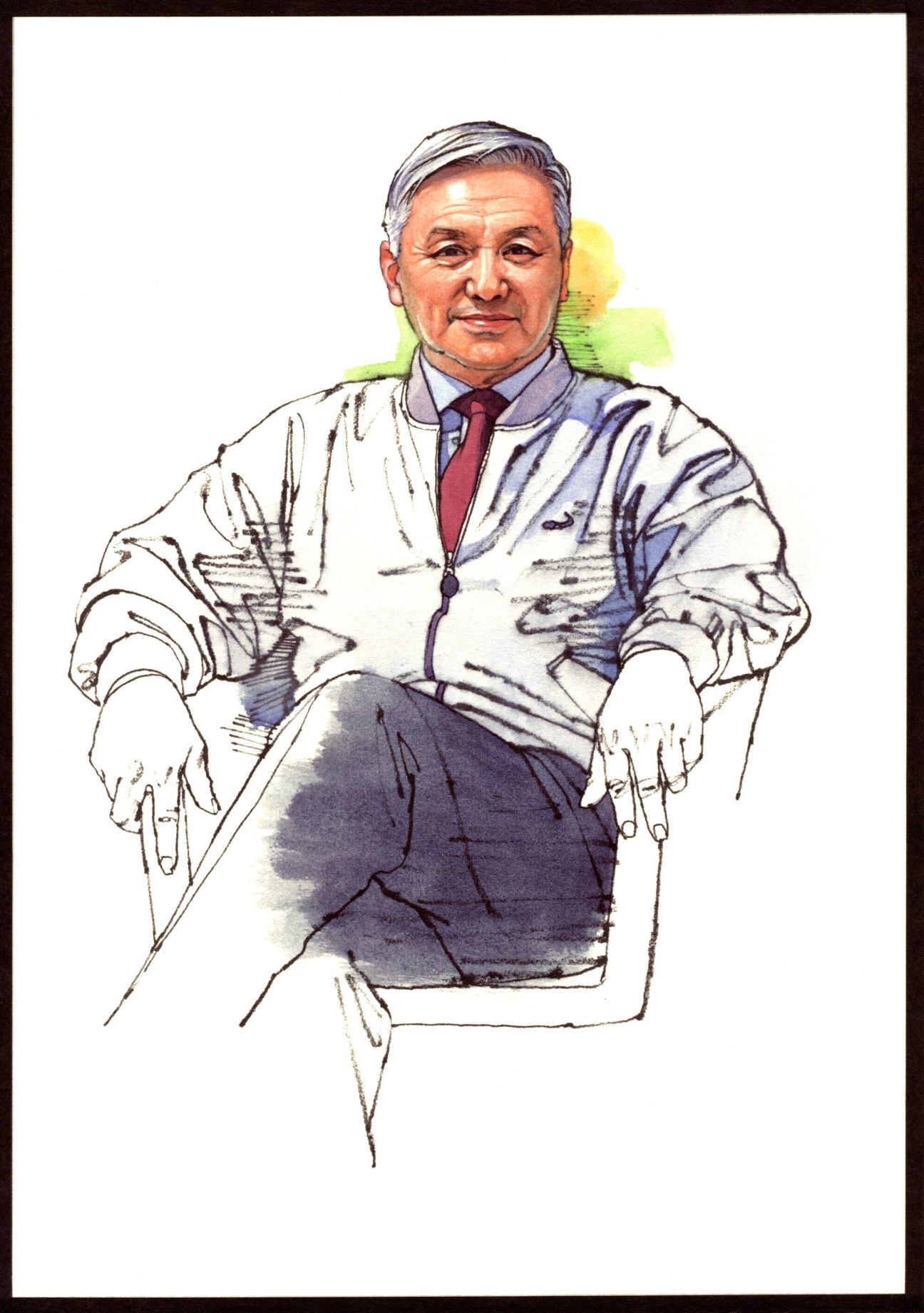 Illustration of Ruan Yisan, an older Asian man with grey hair wearing a light jacket and burgundy tie, seated and gazing forward.