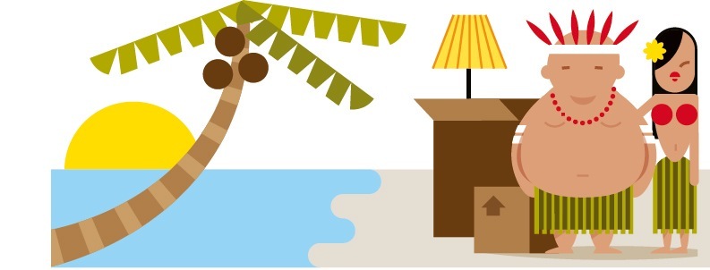 Illustration of Pacific islanders emigrating, showing figures leaving a tropical island scene.