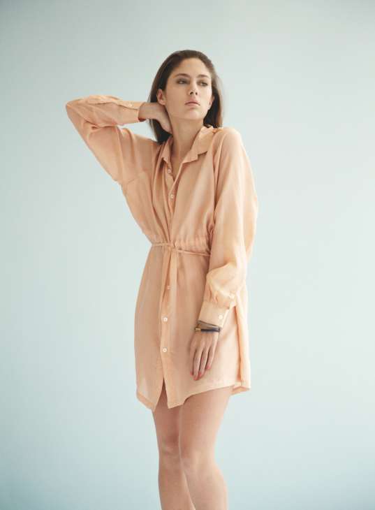 Woman wearing a pale pink button-up shirt dress with a cinched waist against a light blue background.