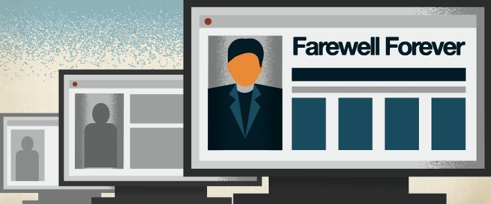 Illustration of nested browser windows showing a memorial profile page titled 'Farewell Forever' with a silhouetted user portrait.