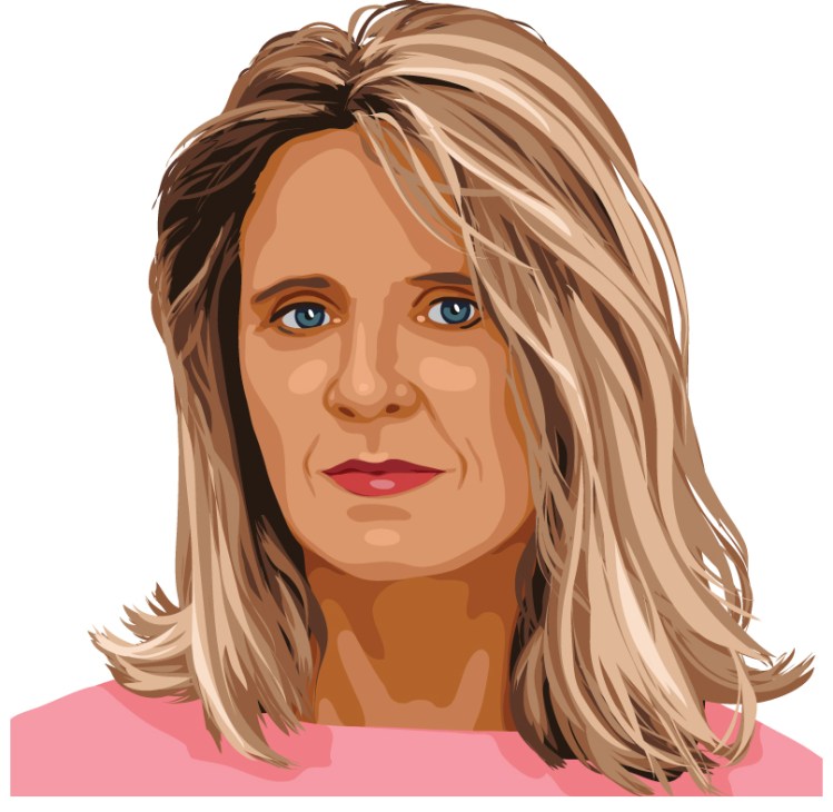 Illustrated portrait of Monika Sprüth, co-owner of Sprüth Magers Galleries, with blonde shoulder-length hair wearing a pink top.