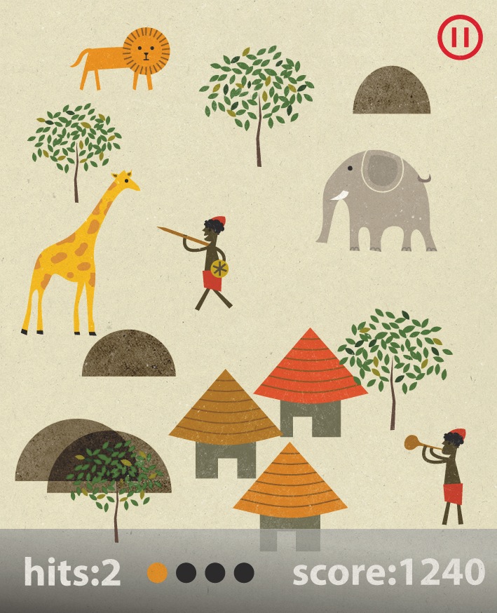 Illustration of iWarrior game showing African wildlife and settlements with score display.
