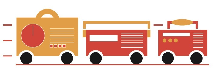 Illustration of three stylized radio or media broadcast vehicles in gold and red with wheels and antenna.