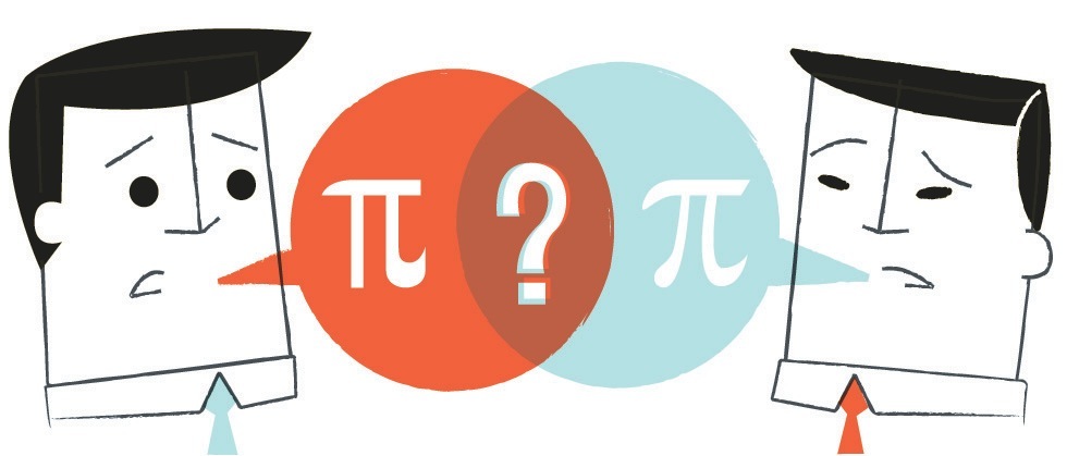 Illustration of two figures with speech bubbles showing pi symbols and a question mark, representing mathematical learning concepts.