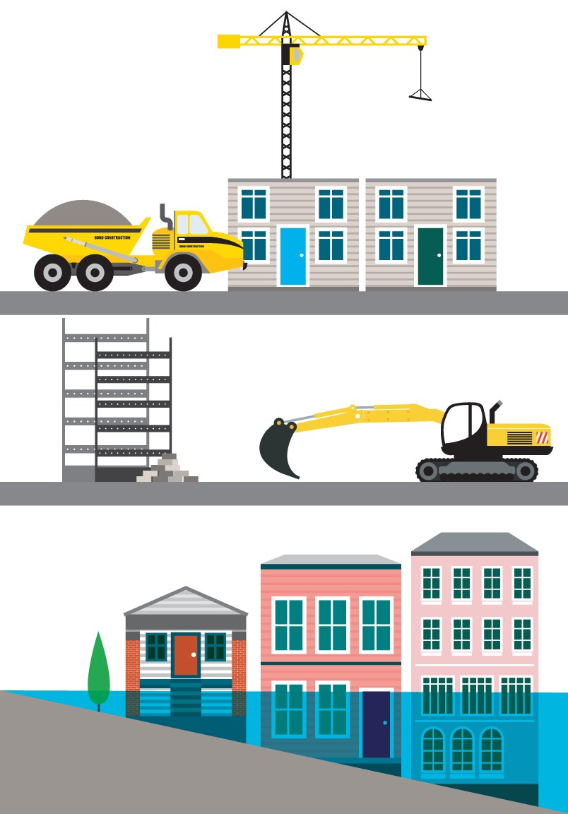 Illustration showing urban demolition and reconstruction with heavy machinery, buildings, and flooding.