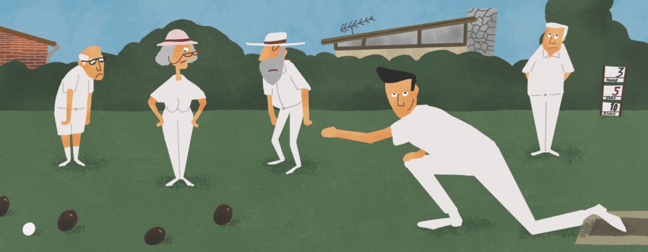 Illustration of lawn bowls players in white clothing on a green, showing older and younger players with bowls.