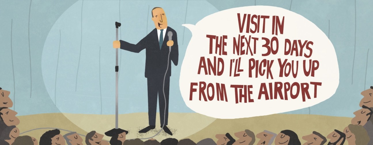 Illustration of a politician at a podium making a joke to a crowd about visiting New Zealand.