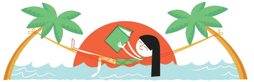 Illustration of a person reading a book while relaxing in a hammock between palm trees over water.