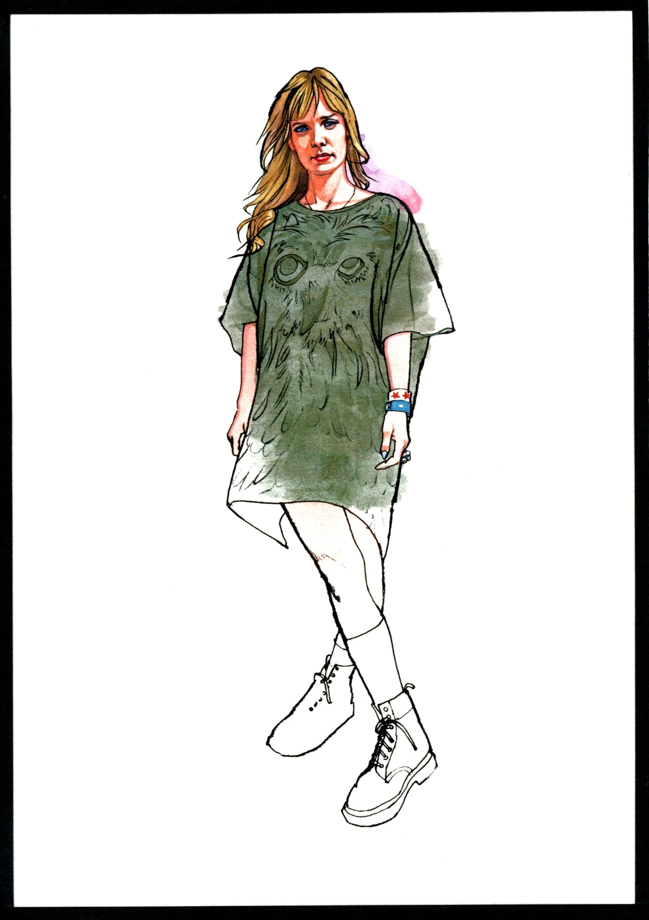 Illustration of a woman with long blonde hair wearing a green owl graphic t-shirt and white boots.