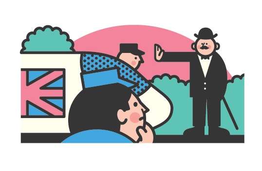 Illustrated figure in British flag scarf discussing high-speed rail plans with official.