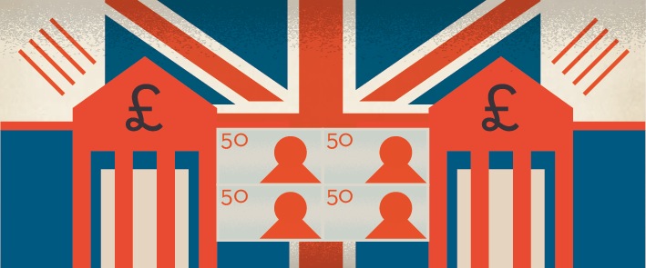 Illustration of UK government buildings with pound symbols and silhouettes representing public sector pay comparison.