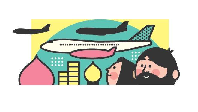 Illustration of an airplane with stylized cityscape and two people below, featuring geometric shapes in yellow, teal, pink and black.