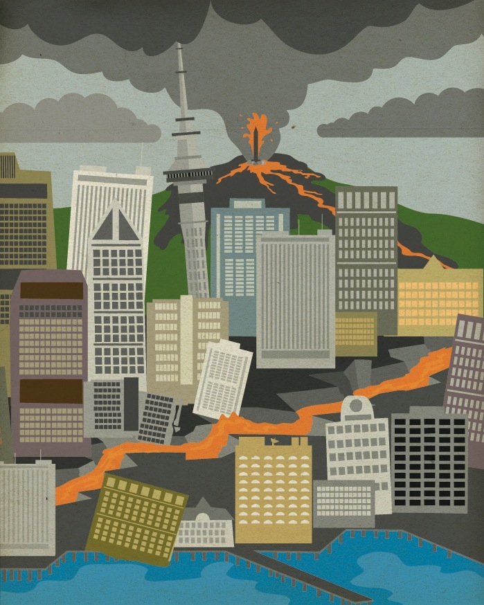 Illustration of a city struck by earthquake with volcano erupting, buildings damaged, and fault lines splitting the ground.