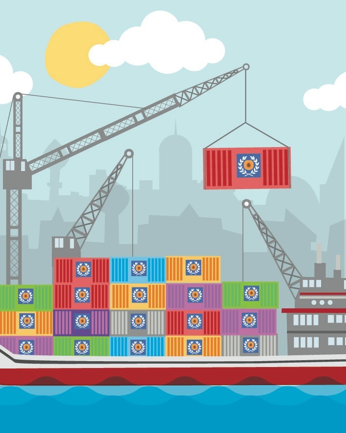 Illustration of cargo cranes loading colorful shipping containers at a port with a city skyline.