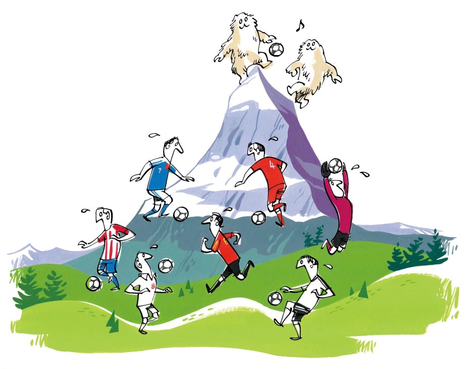 Illustration of football players training in Alpine mountains with yetis watching from a snowy peak.