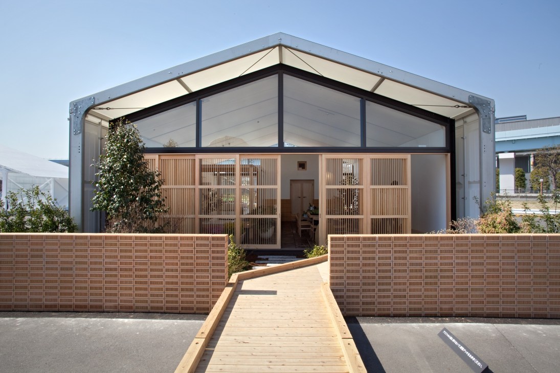 Modern house with wooden lattice facade and translucent roof designed by architect Toyo Ito and Lixil