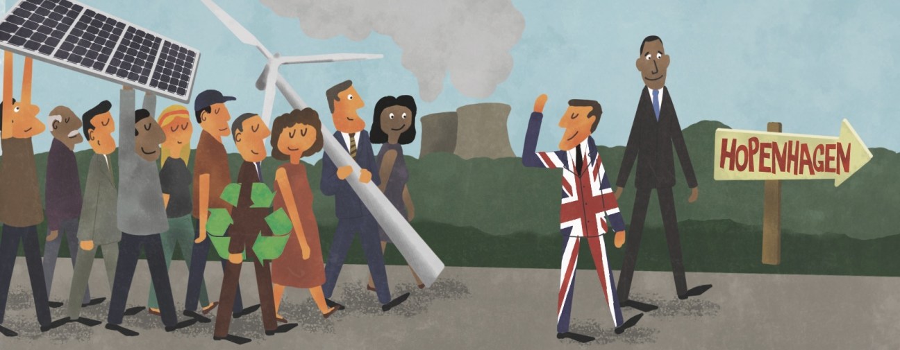 Illustration of diplomats and world leaders heading toward Copenhagen climate summit with renewable energy symbols.