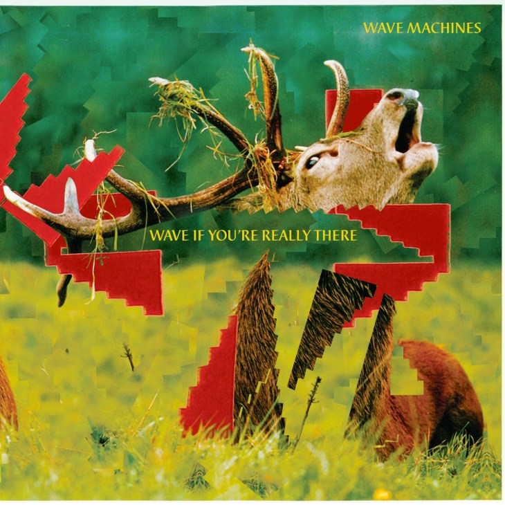 Wave Machines album cover featuring a meerkat in a yellow field with red pixelated shapes and dried branches.