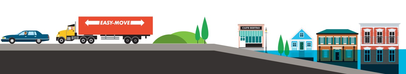Illustration of a moving truck and car transporting buildings and houses to higher ground.