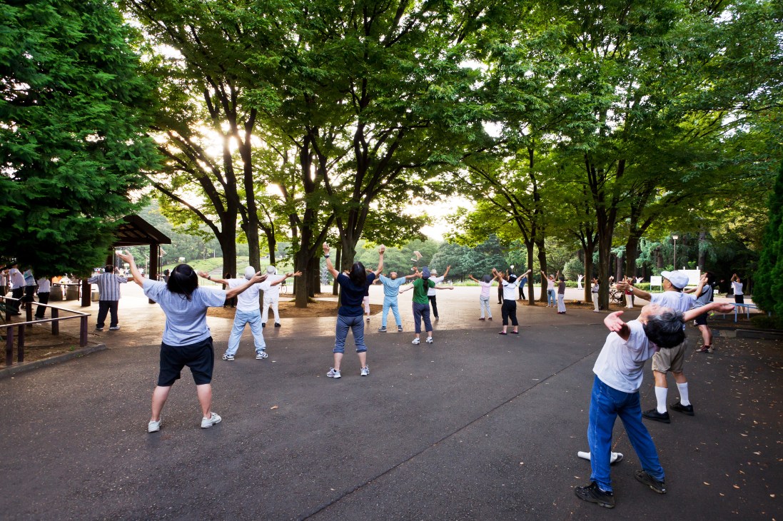 Group of people performing synchronized radio exercises in Setagaya park under tall trees.