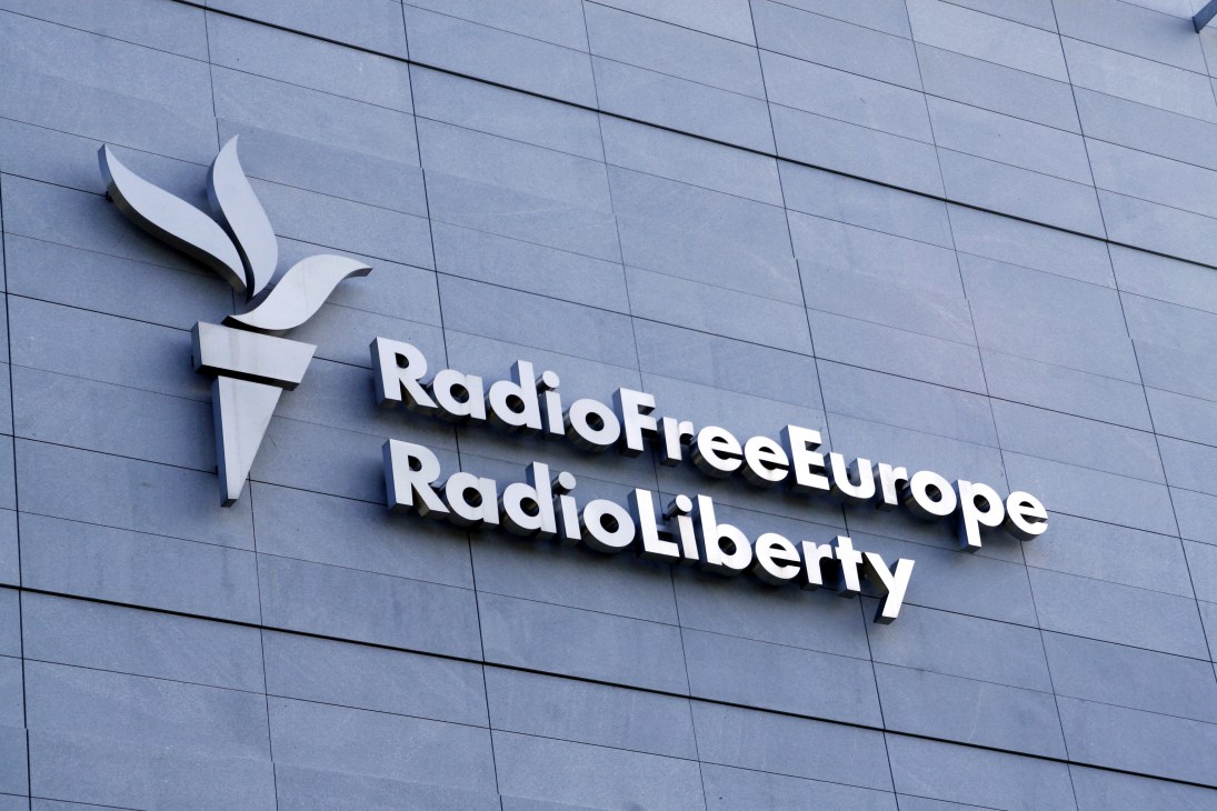 Radio Free Europe/Radio Liberty signage on the Prague headquarters building facade.