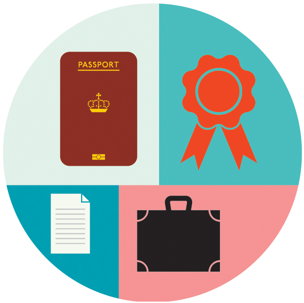 Illustration of a pie chart divided into four sections showing a passport, award ribbon, document, and briefcase.