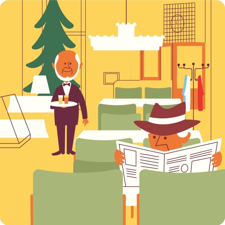 Illustration of a cosy café interior with two figures among green armchairs and warm yellow walls.