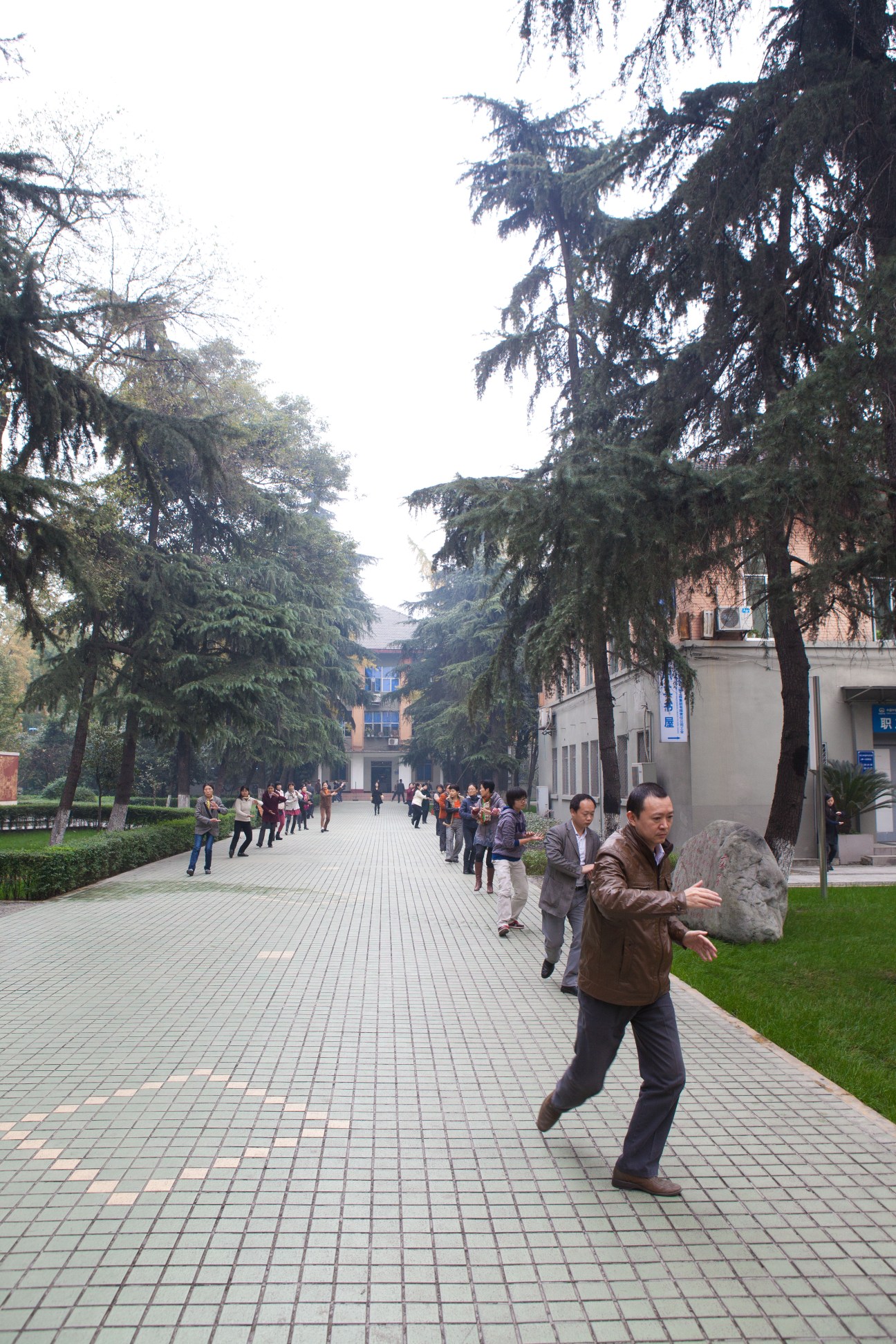 Man practicing tai chi in a tree-lined garden courtyard at Chengdu's railway ministry.