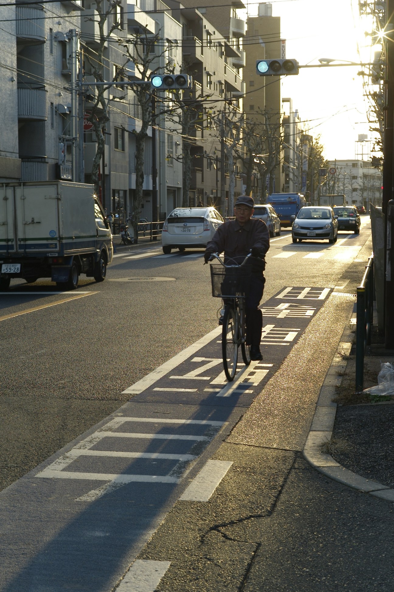 Cyclist riding on a narrow bike lane alongside cars on a busy Tokyo street.