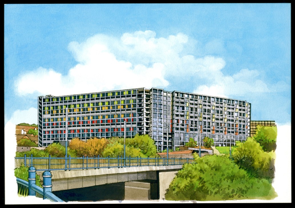 Architectural rendering of Park Hill Estate, Sheffield showing modernized apartment blocks with colorful window panels and green landscaping.