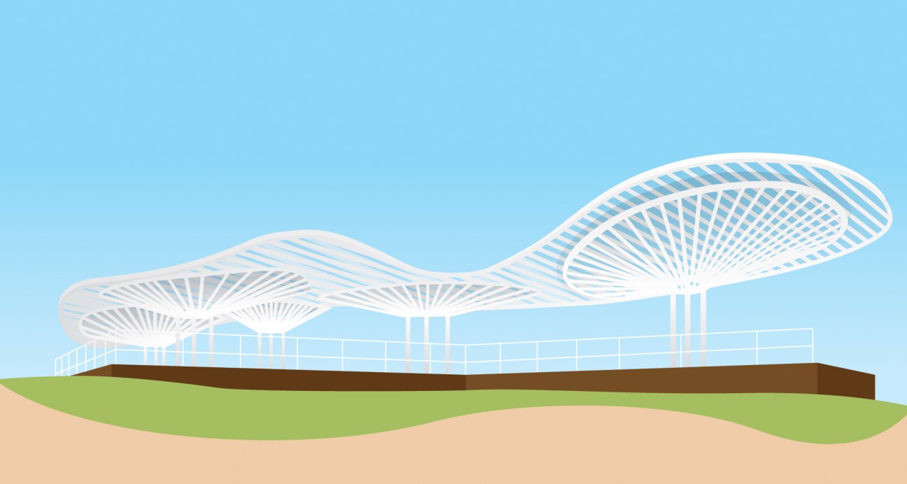Illustration of sculptural steel pergola structure at Far Rockaway beach park in Queens, New York against blue sky.