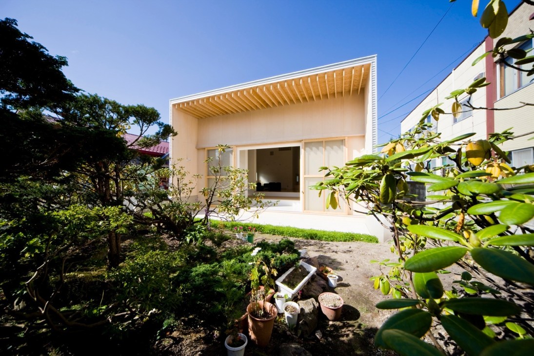 Modern white house with wooden ceiling in Hokkaido surrounded by lush green vegetation and potted plants.