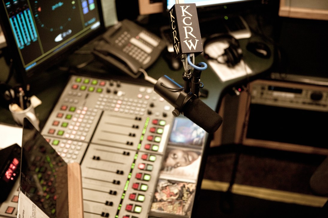 KCRW microphone and broadcasting equipment in the radio station's studio